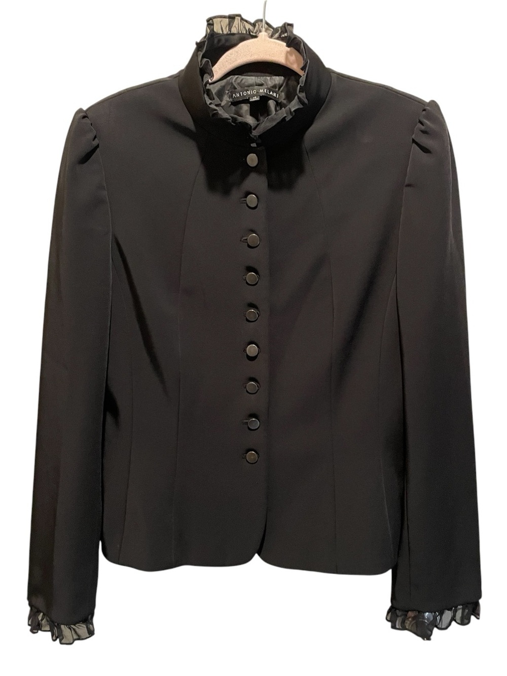Antonio Melani black button-front jacket with ruffled collar and cuffs. Size 10 - Picture 2 of 9
